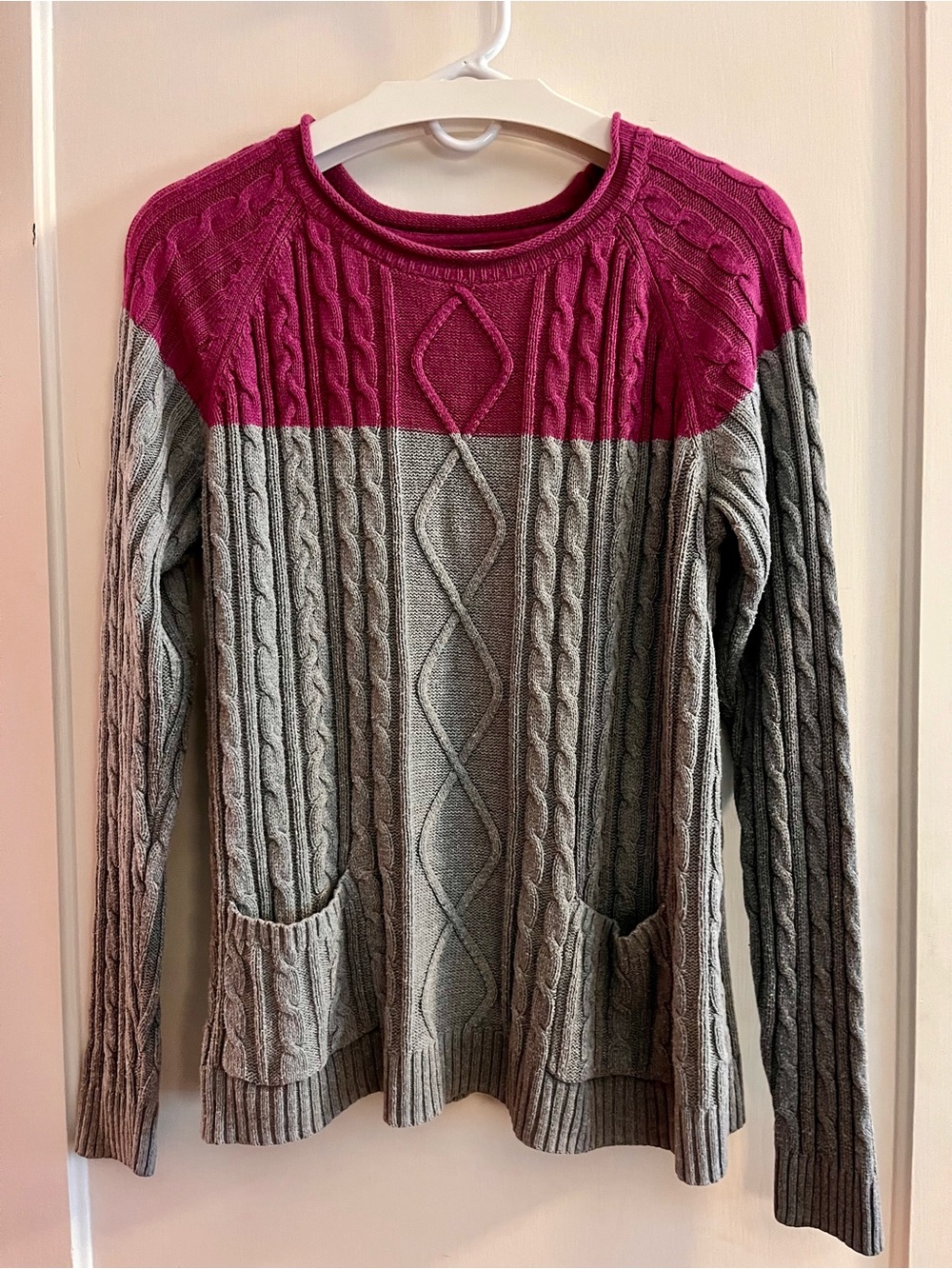 croft & barrow Girls’ Two-Tone Cable Knit Crewneck Sweater in Magenta and Gray